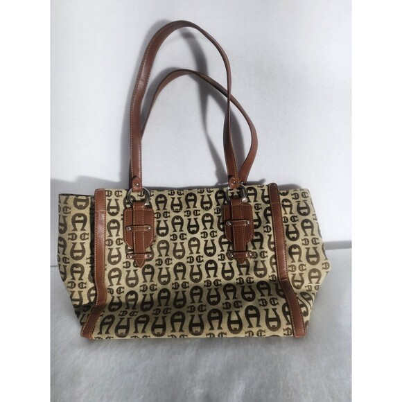 Etienne Aigner Purse Shoulder Book Bag Canvas Logo All Over Print Brass Buckle - Picture 1 of 8